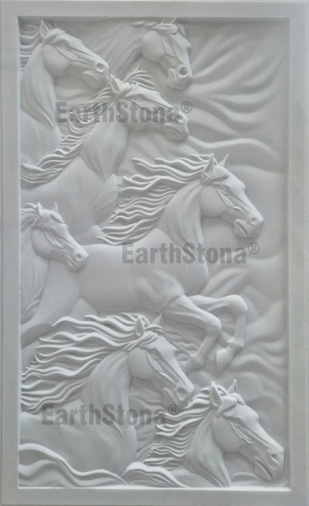 Seven running horses white marble wall mural with black Italian marble border in luxury villa interior